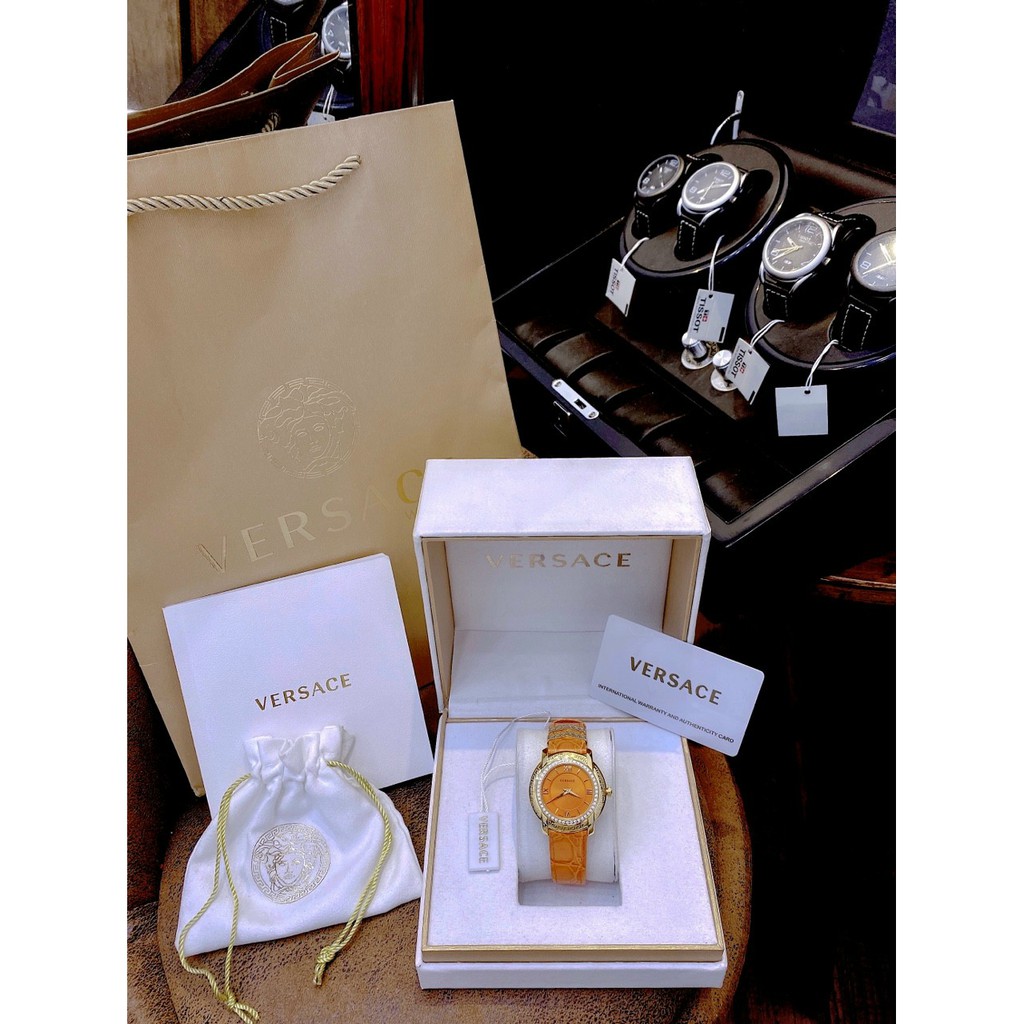 Đồng hồ nữ authentic VERSACE full box, đồng hồ dây da chính hãng, thiết kế màu cam siêu đẹp, cao cấp cho chị em phụ nữ