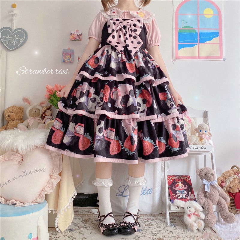 Đầm lolita Hai Dây Đính Nơ Họa Tiết Quả Dâu Thắt Nơ Dễ Thương
