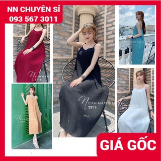 Đầm suông xếp li nữ chất voan mềm mịn mát cổ tròn yếm 2 dây (bầu bí bon chen thoải mái) Đầm bầu