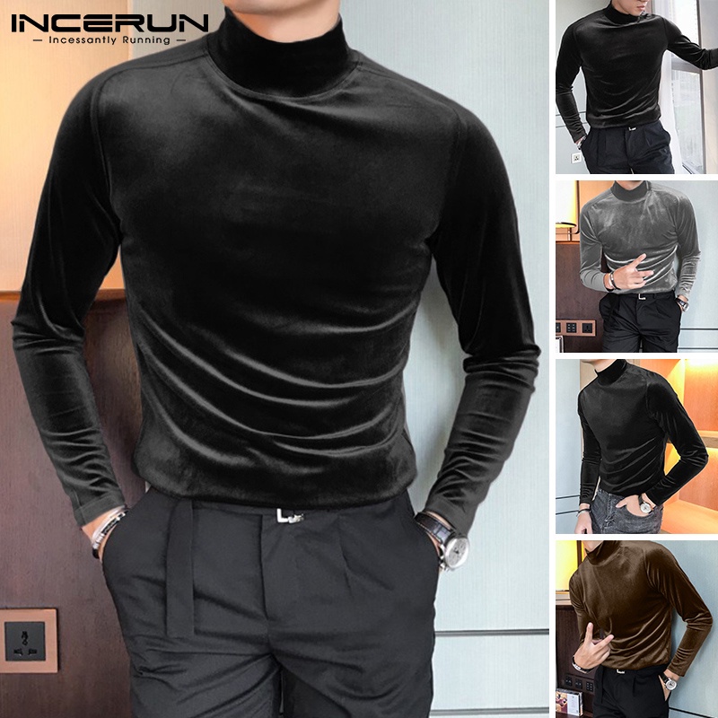 Áo thun INCERUN vải nhung dáng ôm vừa vặn cổ cao tay dài thời trang cho nam