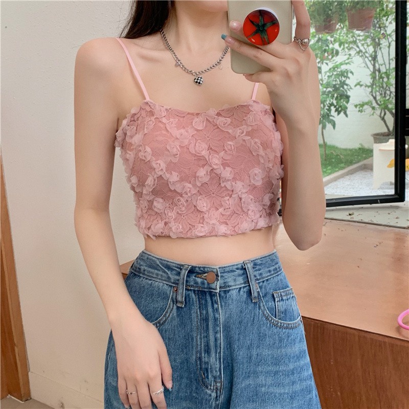 Áo lót bra 2 dây nữ ren hoa hồng công chúa thêu nổi thun lưng co giãn dáng lửng croptop hot trend 586