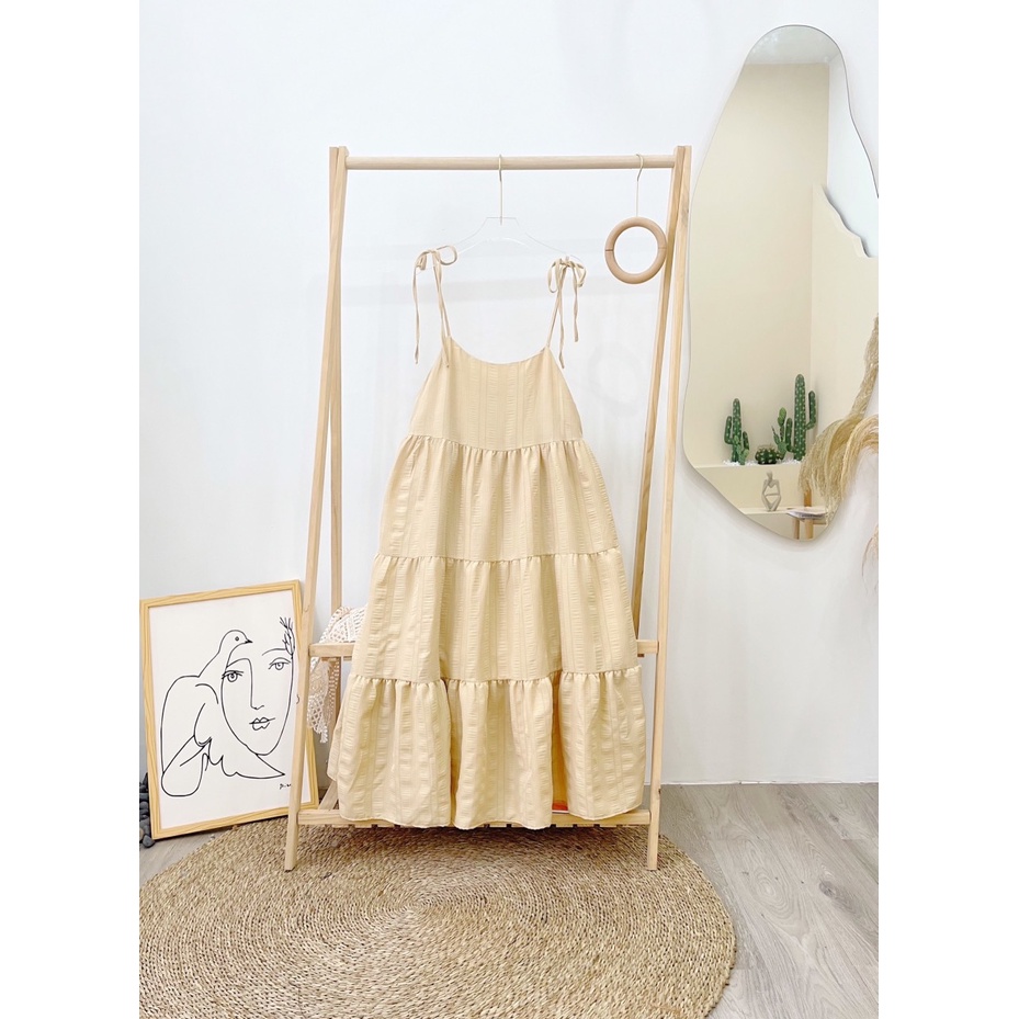 Váy Hai Dây Babydoll Buộc Nơ Vai Xòe Tầng, Đầm Maxi Chất Đũi Mềm Mát