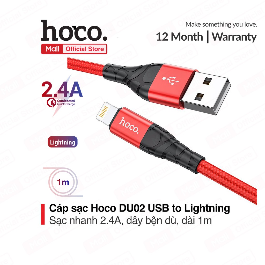 Cáp sạc Hoco DU02 USB to Lightning sạc nhanh 2.4A, dây bền dù chống đứt, dài 100cm