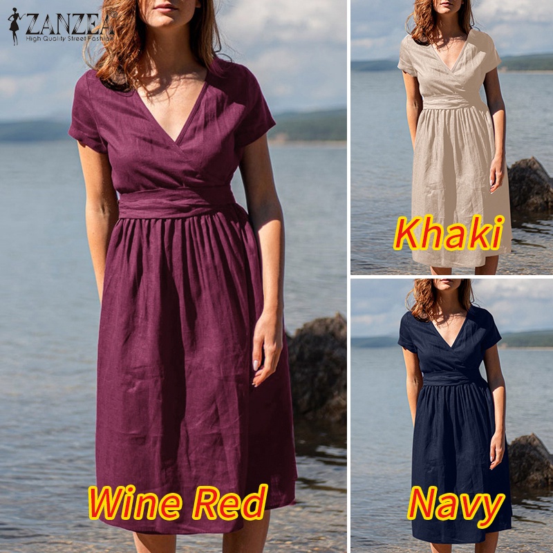 Zanzea Đầm Chữ A Tay Ngắn Cổ Chữ V Thời Trang Cho Nữ
