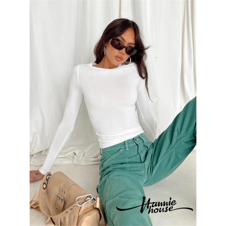 Áo Thun Tay Dài Cổ Tròn Màu Sắc Đơn Giản Cho Nữ