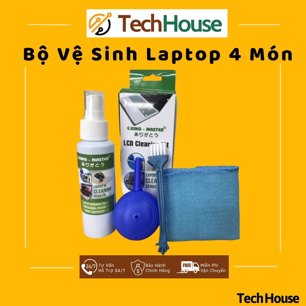 Bộ Vệ Sinh Laptop 4 Món (Cọ, Khăn Lau, Chai Xịt, Thổi Bụi) Cho Laptop, Máy Tính, Màn Hình