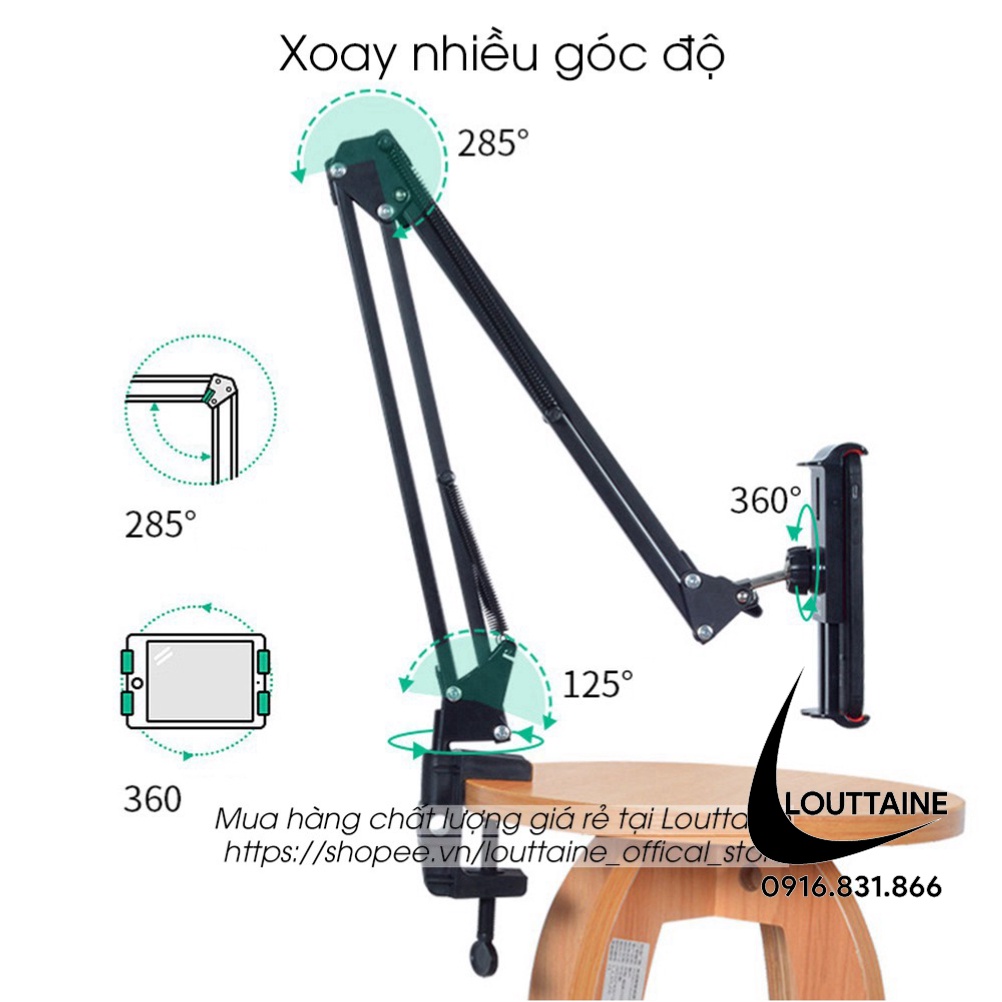 Giá đỡ điện thoại livestream quay video xem phim, giá kẹp ipad góc xoay rộng nhiều góc xoay (size từ 4.8 -10.5 in)