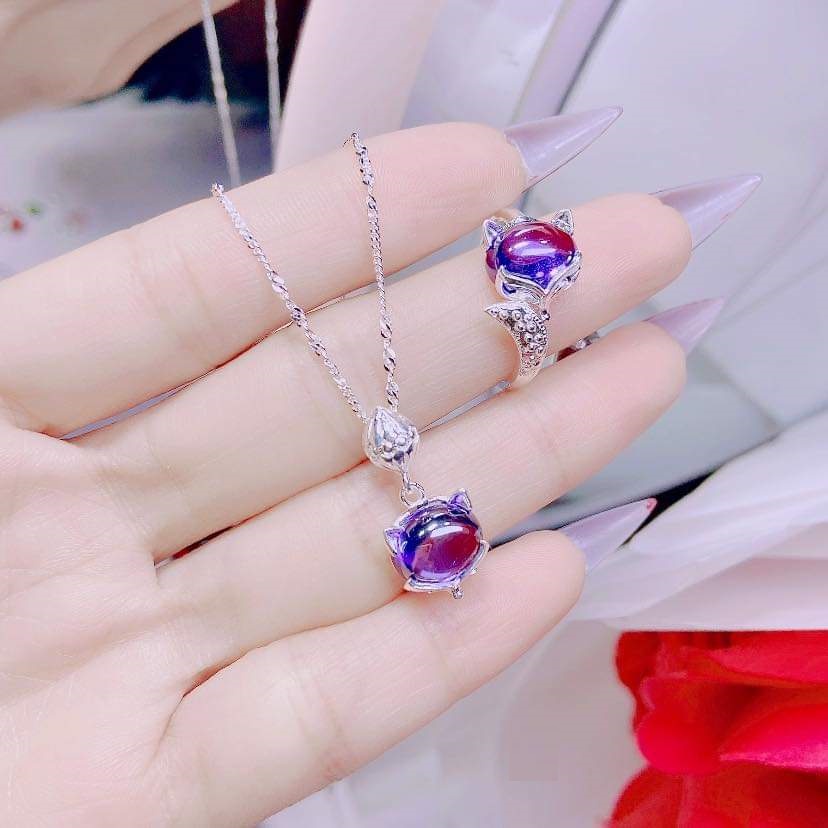 Dây chuyền, Nhẫn hồ ly bạc Ý đính đá màu phong thủy - Trang sức bạc Evasilver