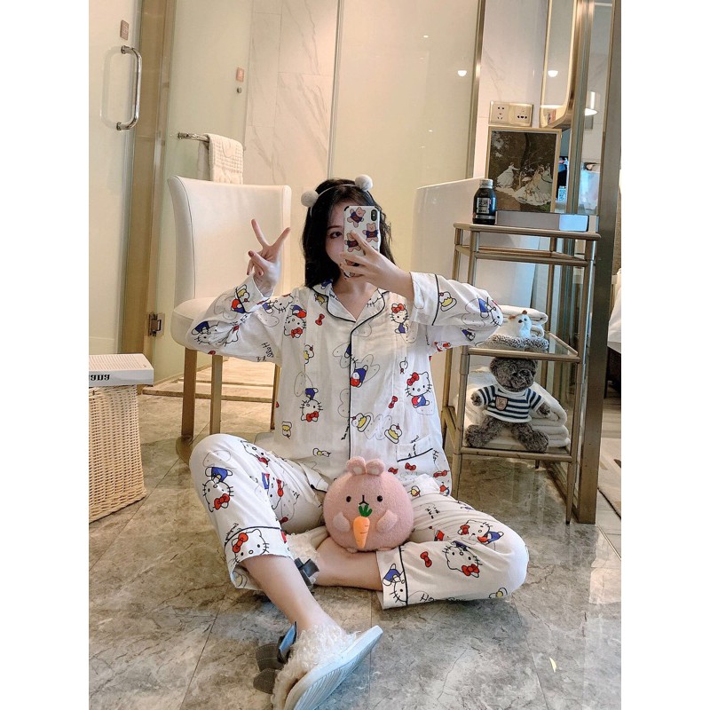 Pijama Sau Sinh Cho Con Bú Chất Xô Nhật Tay Dài Quần Dài Hoạ Tiết Hello Kitty Mẫu Mới 2021