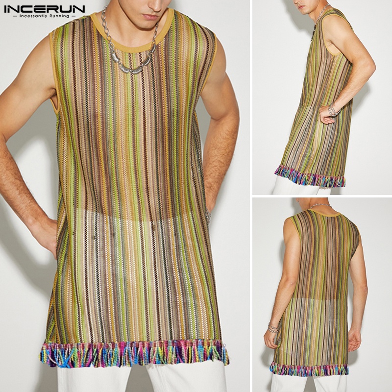 INCERUN Áo Ba Lỗ Dáng Dài Phối Tua Rua Xuyên Thấu Kẻ Sọc Nhiều Màu Cá Tính Cho Nam