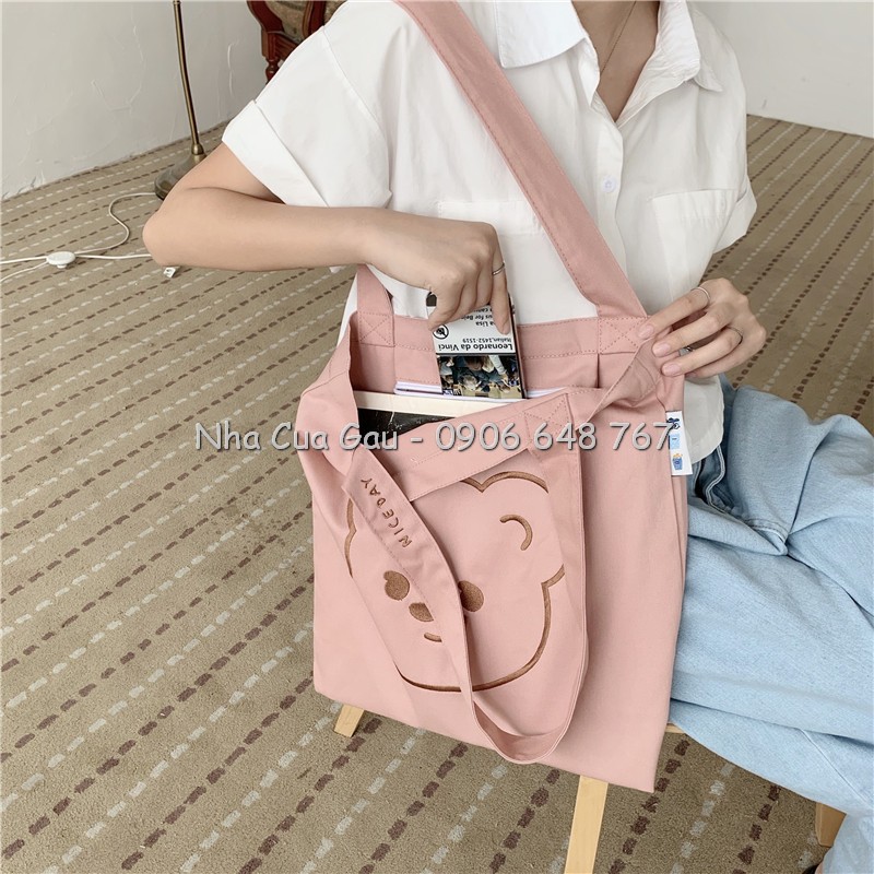 Túi xách tote vải hình gấu đẹp, dễ thương quá chừng