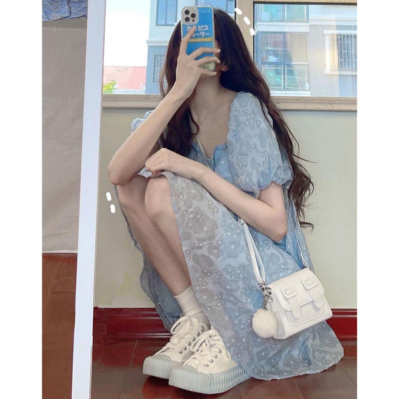 COZOK Đầm Tay Phồng Cổ Vuông Form Ôm In Họa Tiết Thời Trang