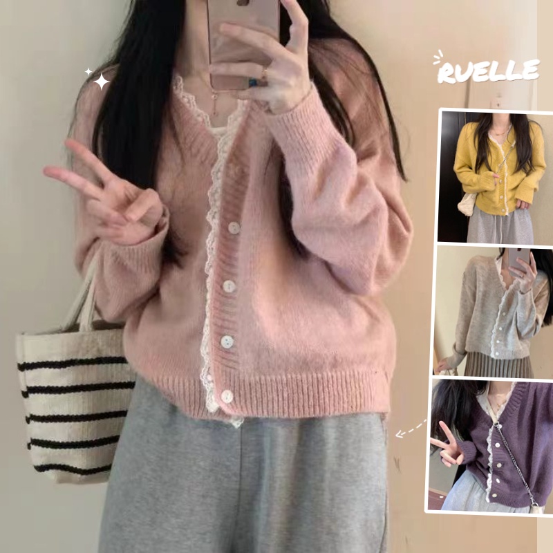 Áo Khoác Cardigan Dệt Kim Dáng Ngắn Form Rộng Phối Ren Thời Trang Cho Nữ