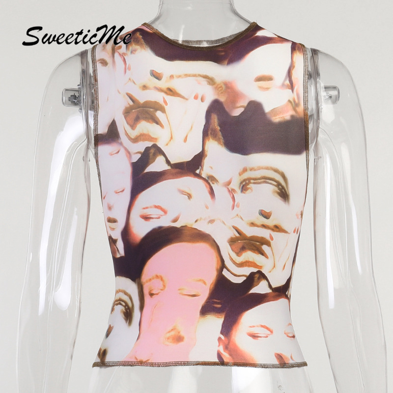 SweeticMe Women's 2021 New Head Print Hollow Sleeveless Sexy Irregular Vest | BigBuy360 - bigbuy360.vn