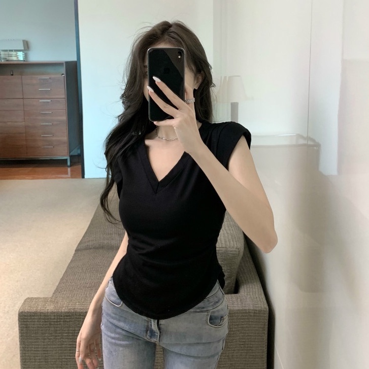 Cocory vn Áo Thun Nữ Ngắn Tay Cổ Chữ V Thời Trang