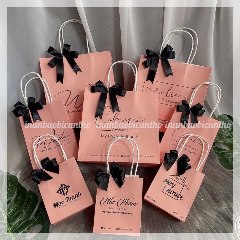 100 túi giấy Hồng đào in logo theo yêu cầu  - Túi giấy in đựng mỹ phẩm, đựng quần áo