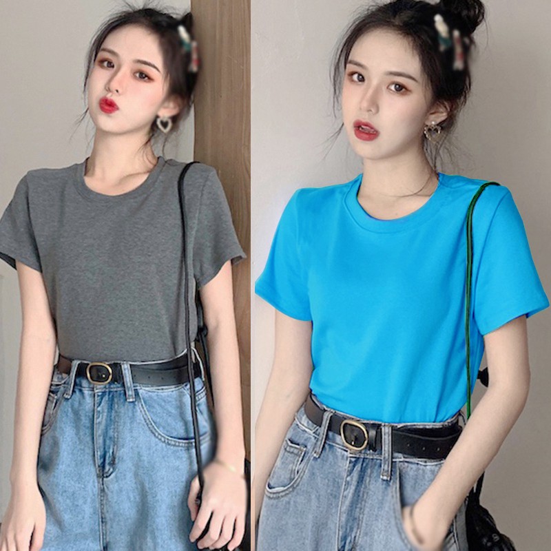 Áo Thun Tay Ngắn Màu Trơn Phong Cách Hàn Quốc Dễ Thương