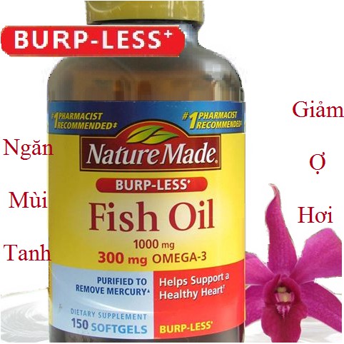 Fish Oil Nature Made Burp-Less 1000mg 300mg Omega3 Dầu cá tốt tim mạch não bộ sáng mắt 150 viên