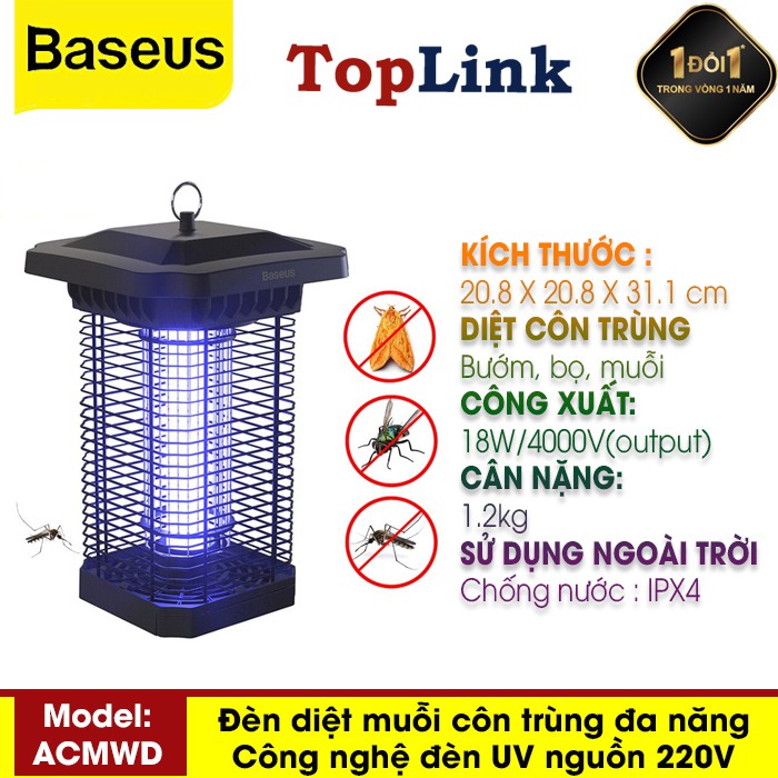 Đèn Bắt Muỗi, Diệt Côn Trùng Bằng Công Nghệ Tia UV Baseus Pavilion Courtyard Mosquito Killer 18W - 4000V, Kháng Nước