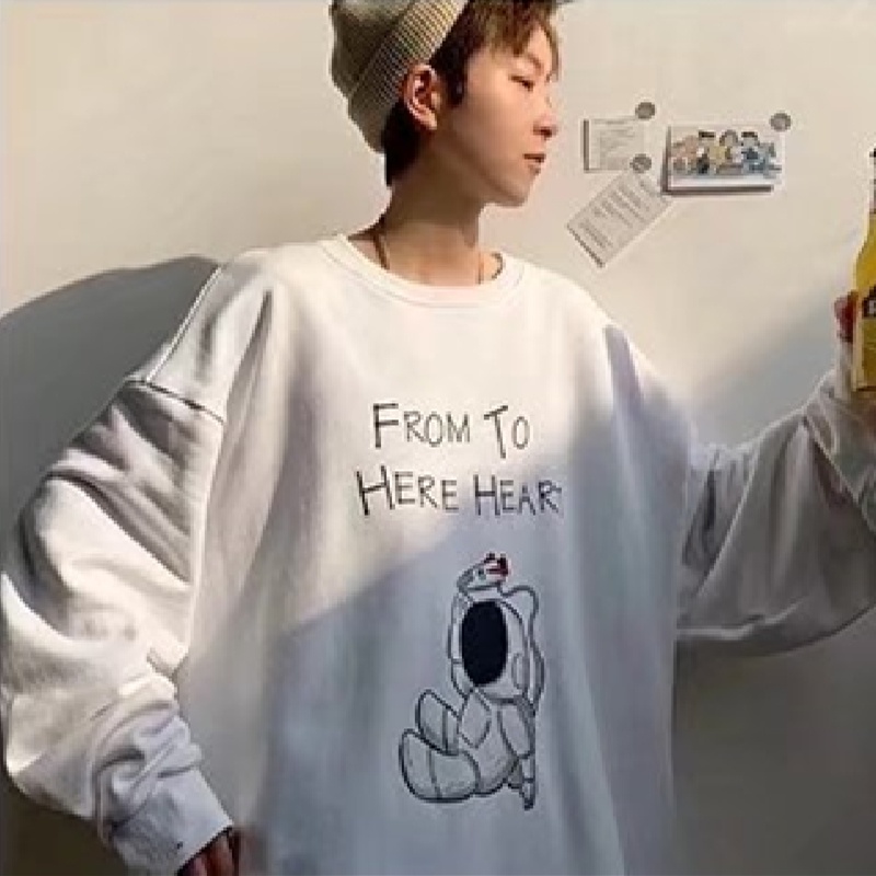 Áo sweater tay dài cổ tròn dáng rộng in họa tiết hoạt hình thời trang đường phố Hàn Quốc cho nam M-5XL