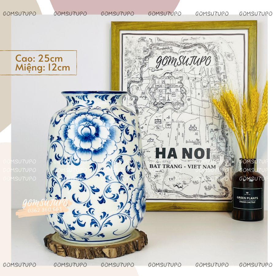 Lọ Hoa Gốm Vẽ Hoa Dây Xanh COBAN - Bình Hoa Decor Trang Trí gomsutupo - Gốm Sứ TUPO Bát Tràng