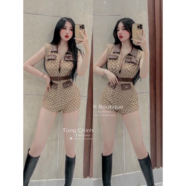 Jumpsuit gucci 3 lỗ nắp túi da kèm đai