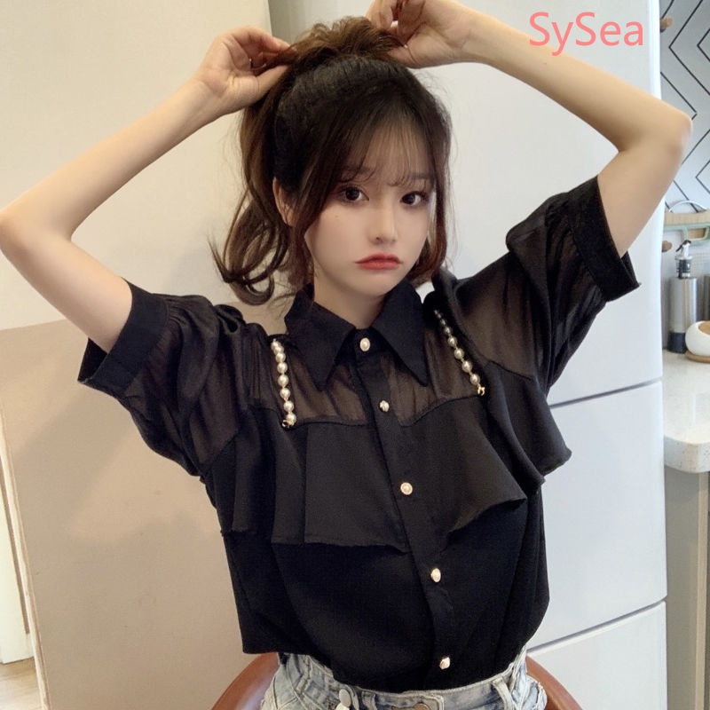 Áo sơ mi nữ tay ngắn đính ngọc trai giả phong cách Pháp thời trang mùa hè