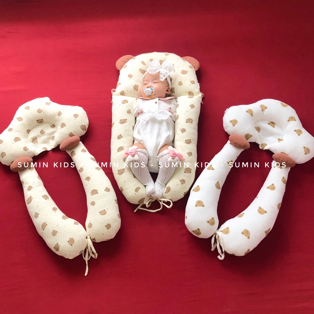 Gối chữ U cho bé, gối đa năng xô Muslin tháo được vỏ SUMIN