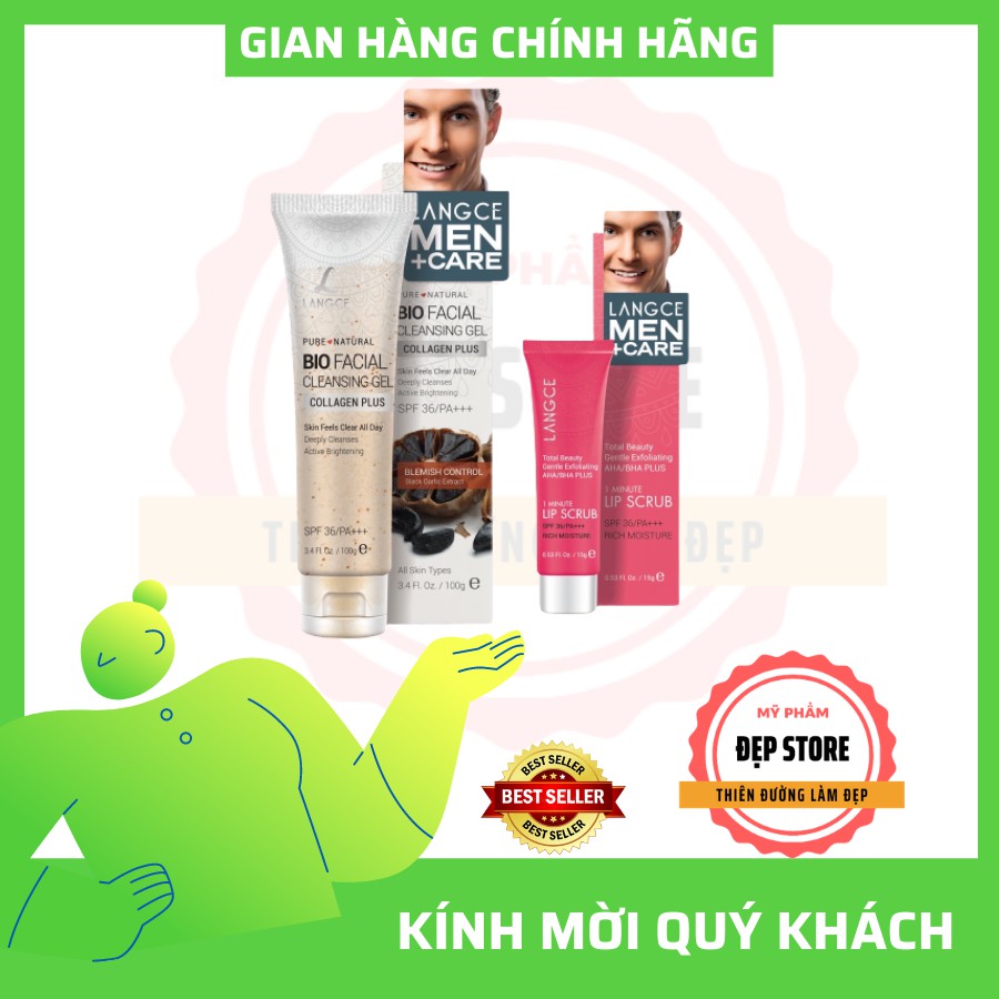 Combo Tẩy Tế Bào Chết Môi Aha/Bha+ Trái Cây 15g và Gel Rửa Mặt Đẹp Da Collagen+ Tỏi Đen 100g LANGCE dành cho Nam