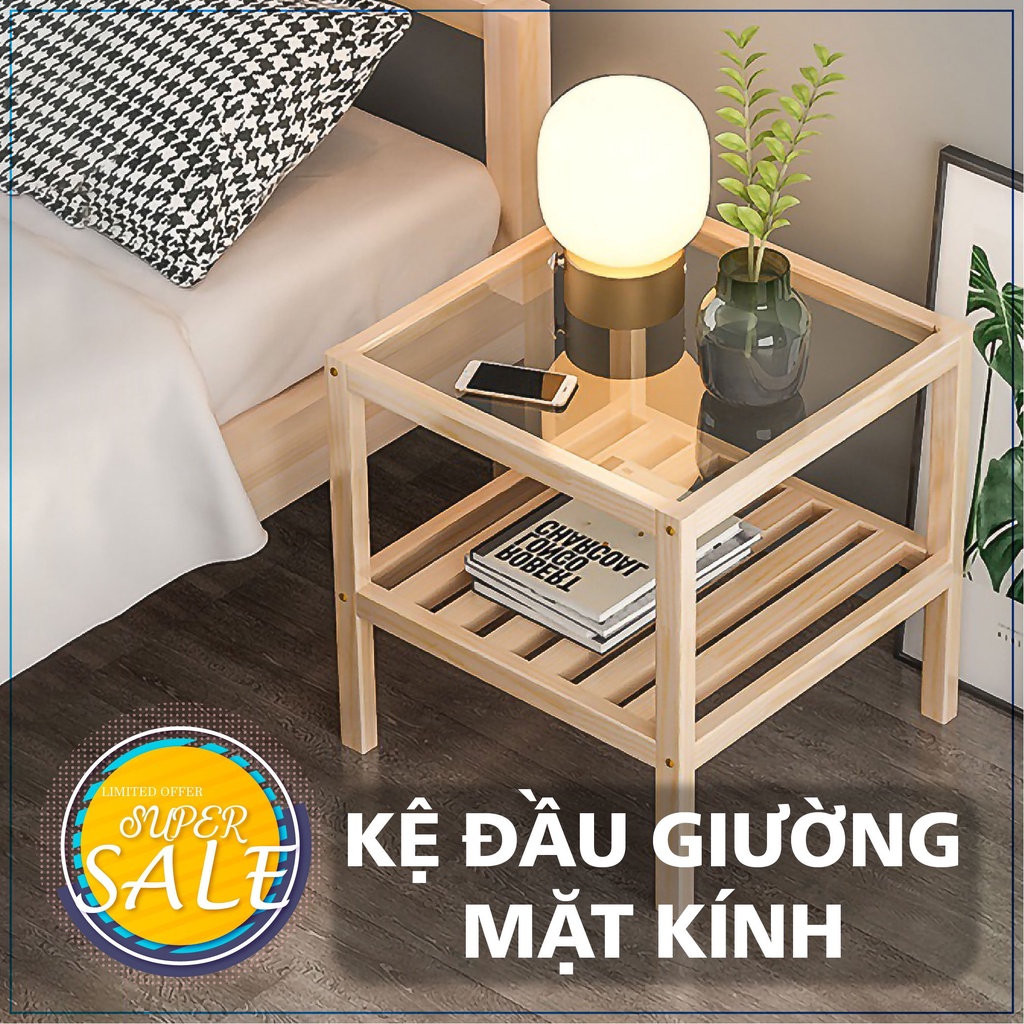 Kệ Đầu Giường Khung Gỗ Mặt Kính 2 Tầng bằng gỗ MDF chắc chắn