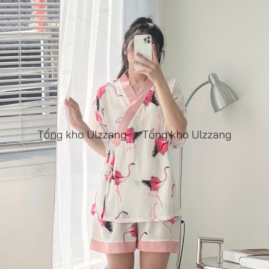 Bộ ngủ kimono lụa đồ ngủ nữ cute chất lụa mềm mát không nhăn