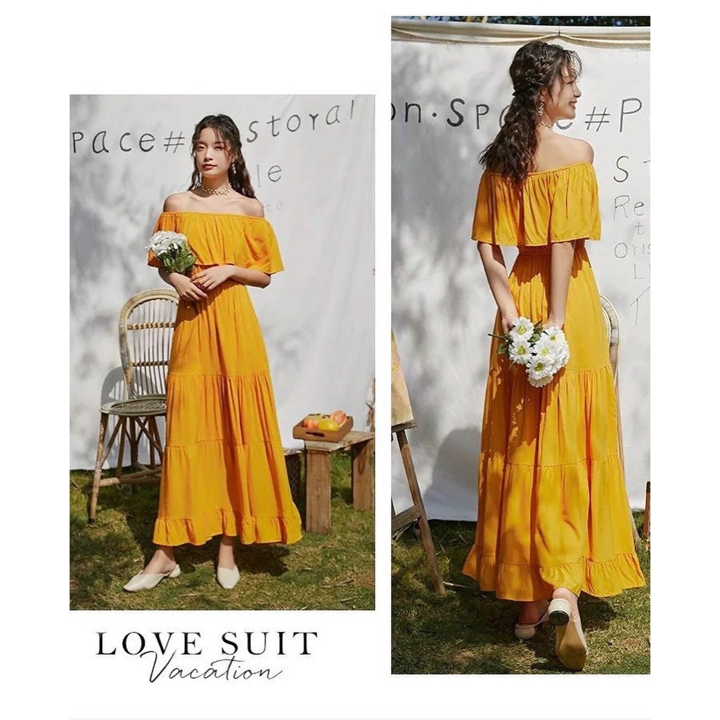 Váy maxi bẹt vai xoè 2 màu phong cách XUKA DRESS