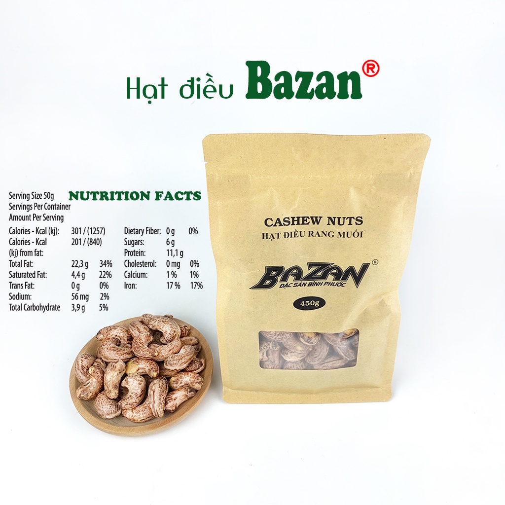 Hạt điều rang muối Bazan Bình Phước nguyên hạt dinh dưỡng A+ loại 1 túi Zip 450g còn vỏ lụa | WebRaoVat - webraovat.net.vn