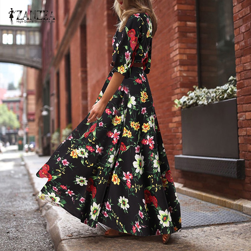 Zanzea Đầm Maxi Tay Lửng Họa Tiết Hoa Vintage Thời Trang Cho Nữ