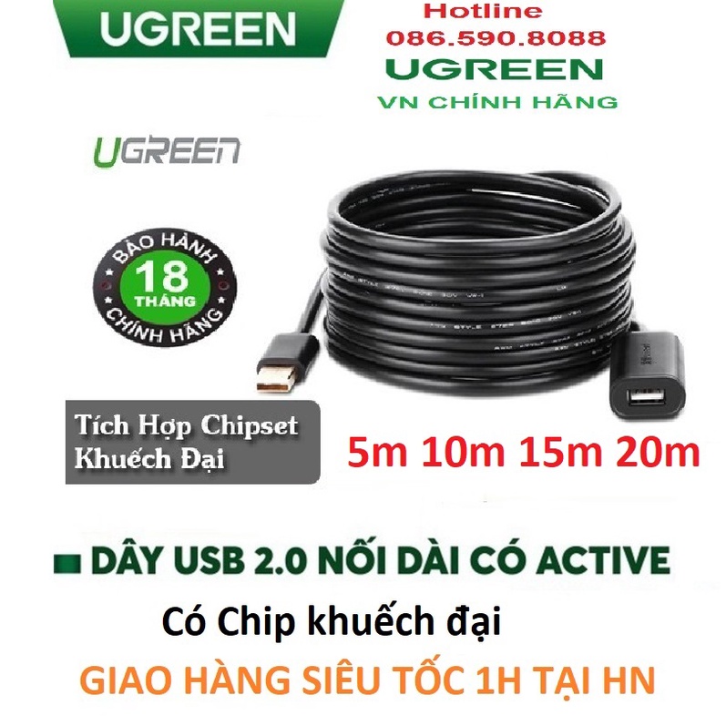 Cáp USB Nối Dài 5m 10m 15m 20m Có Chíp Khuếch Đại Ugreen 10319 10321 13023 10324 Cao Cấp - Hàng Chính Hãng