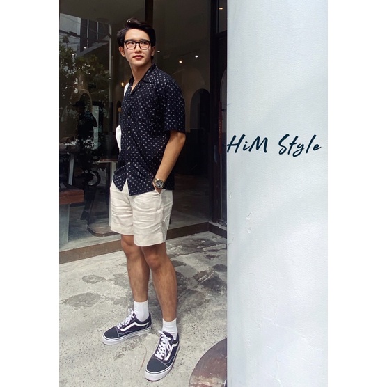 Áo Sơ Mi Tay Ngắn Linen Tưng Đen In Hoạ Tiết