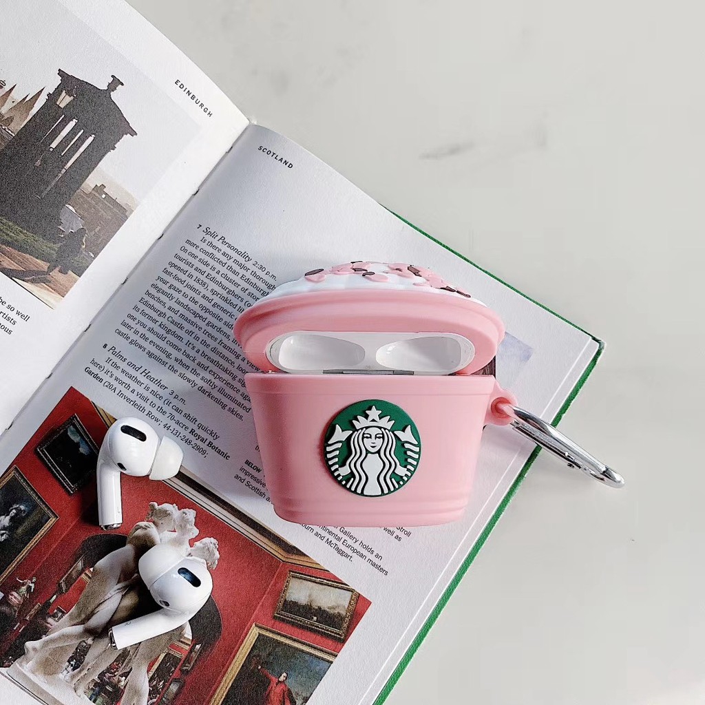 Vỏ silicon bảo vệ hộp sạc tai nghe Airpods Pro hình ly nước Starbucks in hình hoa anh đào