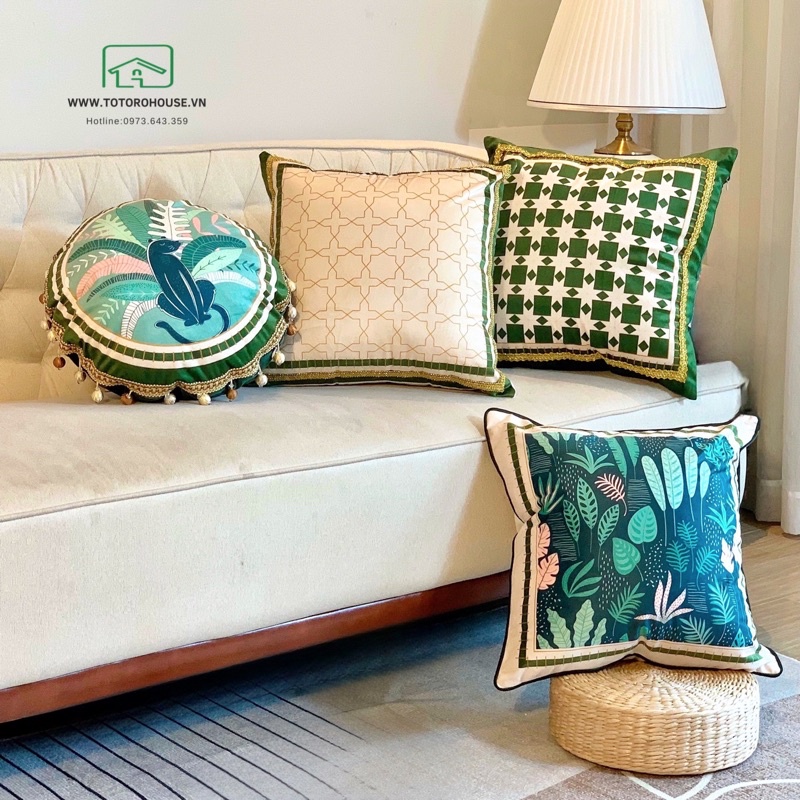 Gối tựa lưng nhung ren Hà Lan cao cấp TOTORO HOUSE, gối sofa vuông 45x45cm phong cách châu Âu