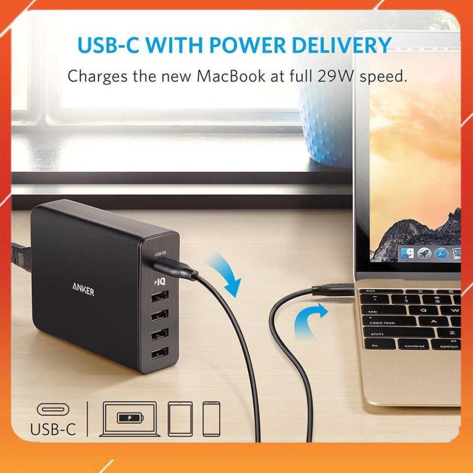 Cóc củ sạc nhanh 60W 4 cổng IQ USB & 1 cổng PD Type-C chính hãng Anker PowerPort +5 (Max 3A / Type-C và 2.4A / USB)
