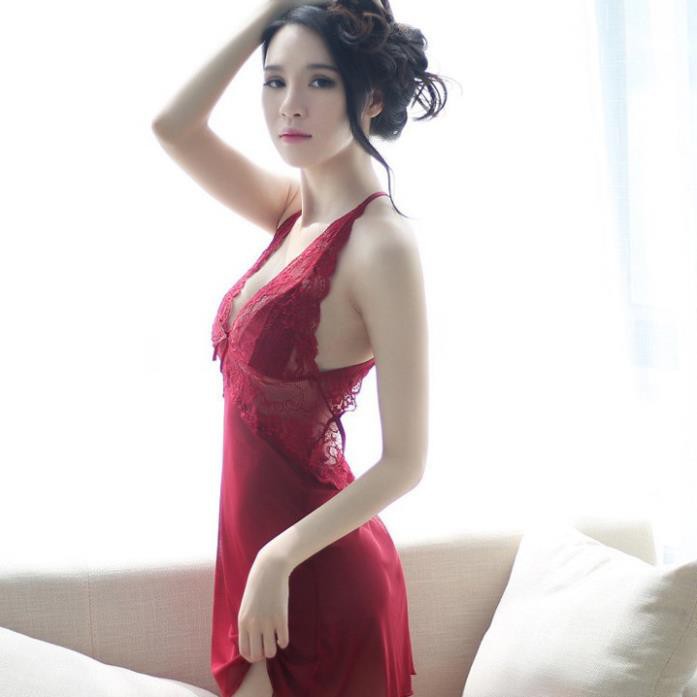 Váy ngủ xuyên thấu sexy hai dây chéo lưng phối ren quyến rũ với màu đỏ đô quyến rũ Thư Thư [HÀNG CAO CẤP]