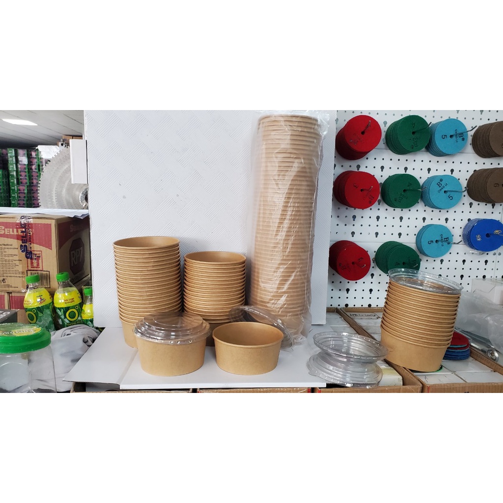 Bát giấy dùng 1 lần Kraft, Combo 50 bát giấy 750ml và 1000ml có nắp PET trong