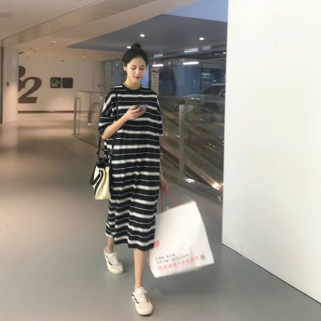 /-heart Đầm maxi kẻ cực đẹp, chất cotton dệt  sọc chuẩn y hình, mịn mát bao thoải mái /