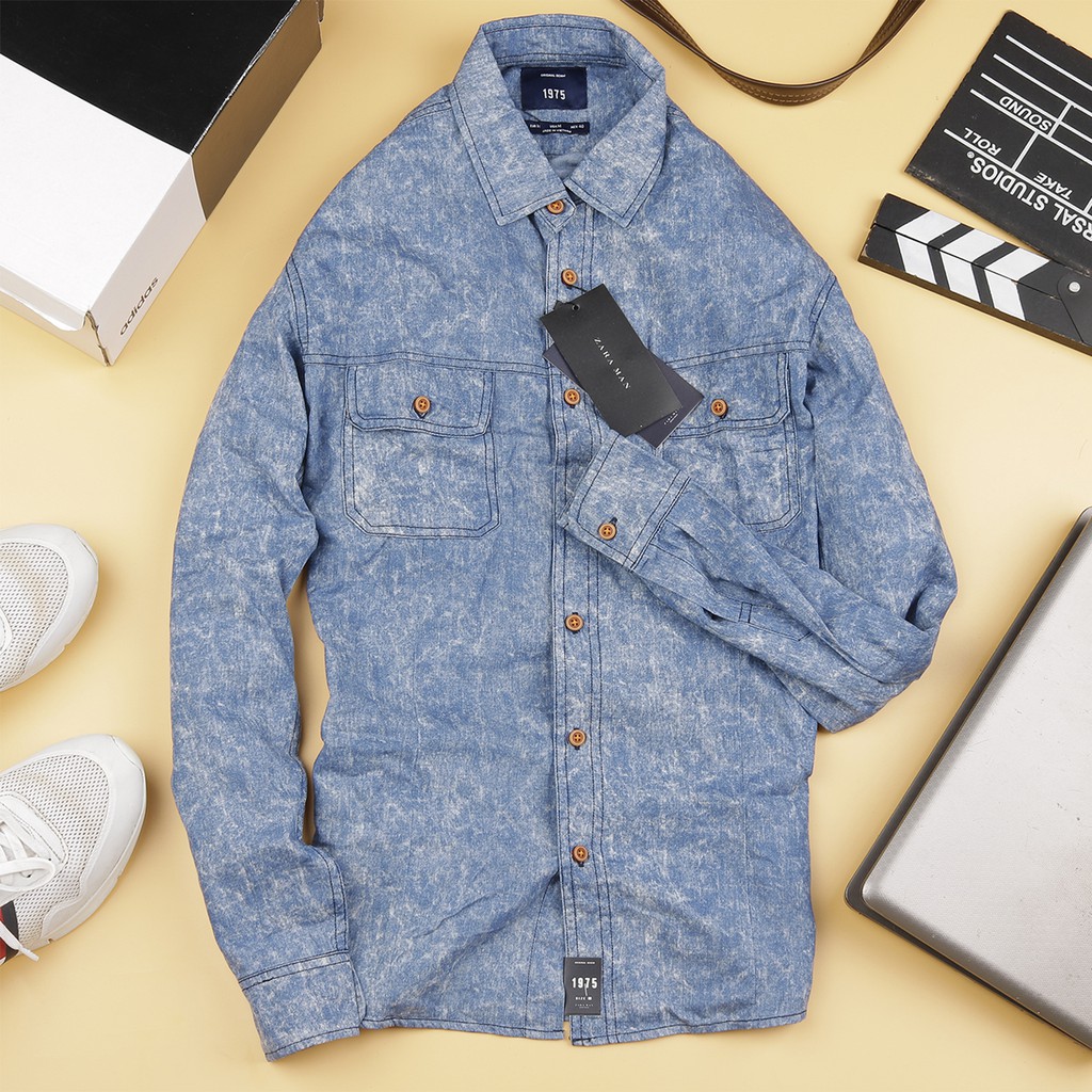 Sơ mi denim zara 1975 vải giặt ảnh thất
