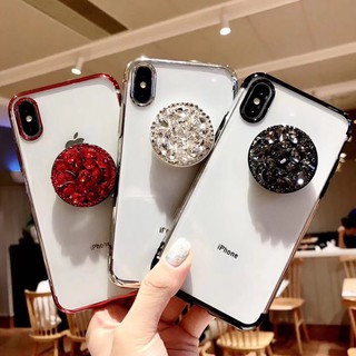 Ốp iPhone - Ốp trong suốt viền màu kèm giá đỡ điện thoại đính đá cho iPhone 6 đến XS MAX n30