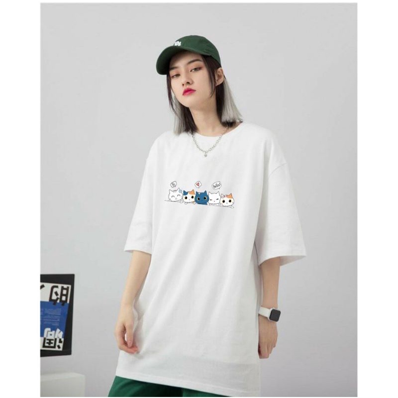 Áo thun Có size tay lỡ unisex 5 mặt mèo