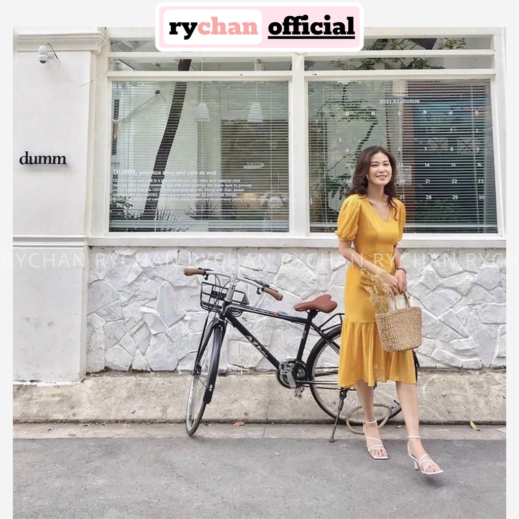 Đầm Váy Nữ Đi Chơi Đi Du Lịch Cổ V Tay Bo Đuôi Cá Ôm Body Cực Nữ Tính Màu Vàng - DX9845