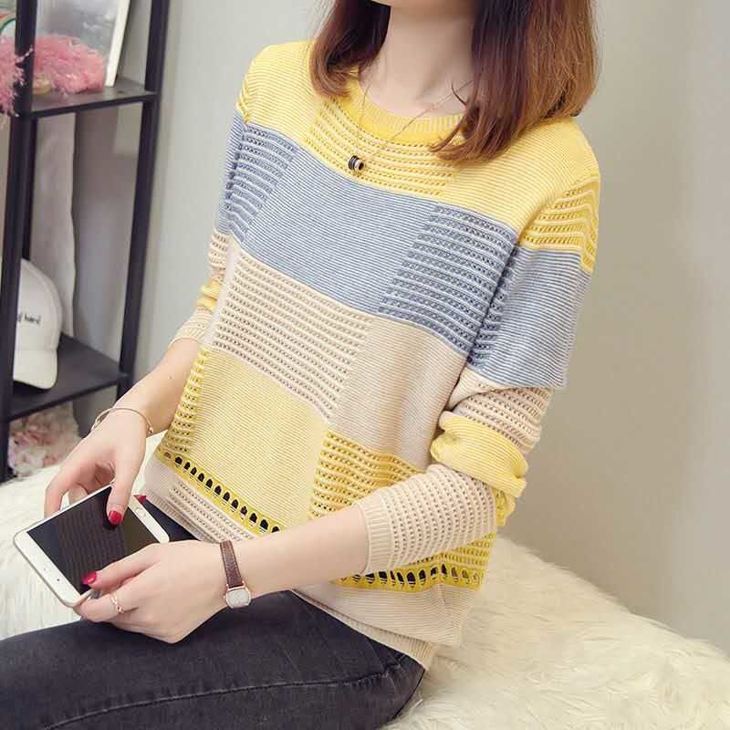 Áo Len Tay Dài Họa Tiết Sọc Ngang Phong Cách Hàn Quốc Dành Cho Nữ