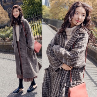Áo khoác dạ nữ dáng dài sọc caro màu nâu style Hàn Quốc sang trọng