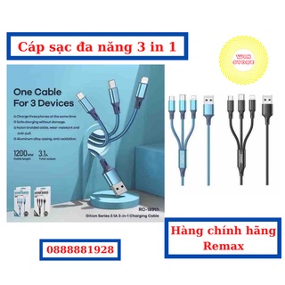 Cáp sạc nhanh điện thoại đa năng 3 đầu Remax 3 in 1 dây dù, hàng chính hãng, Lightning + Micro USB + Type C - winstore