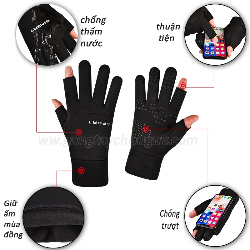 Găng tay xe máy hở 2 ngón dày 3 lớp chống nước/ giữ ấm/chống nắng dùng được 4 mùa GSUN HN